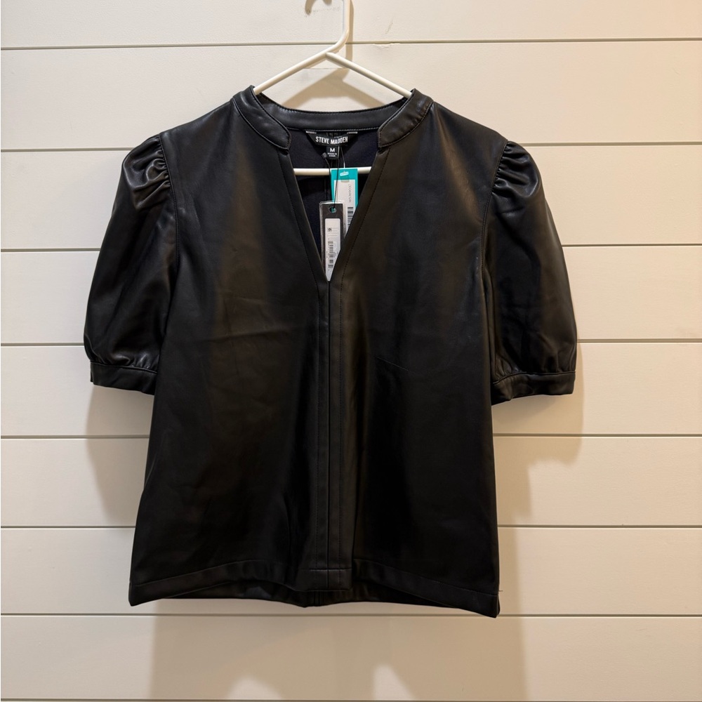 Steve Madden Black Puff Sleeve Faux Leather Blouse